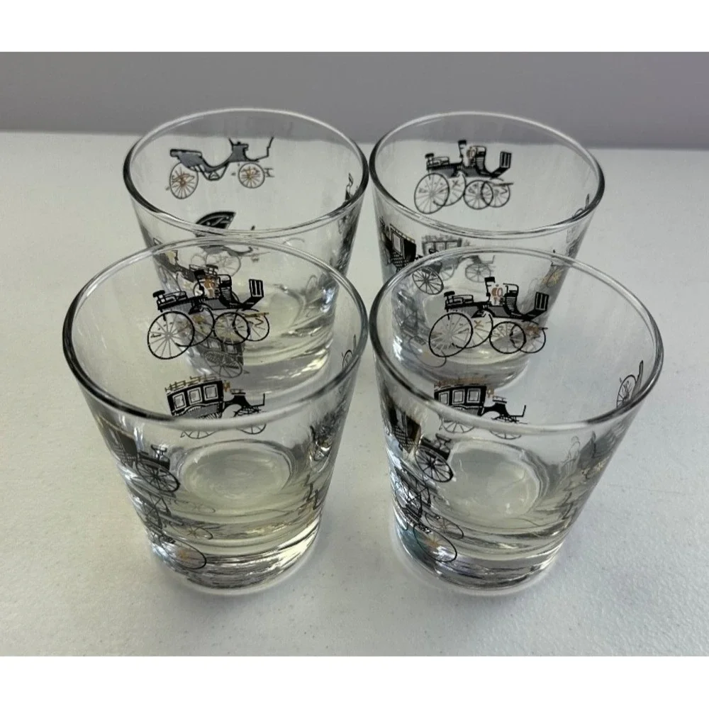 VTG MCM Libbey Bar Glasses Antique Cars Black & Gold Barware Low‎ Ball Set Of 4